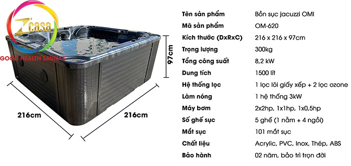 bồn tắm massage jacuzzi zcasa omi om620 black 2
