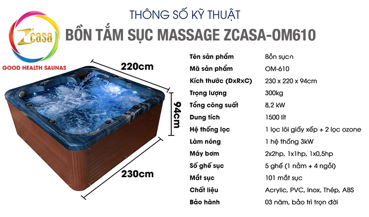 bồn tắm sục massage zcasa om610 3